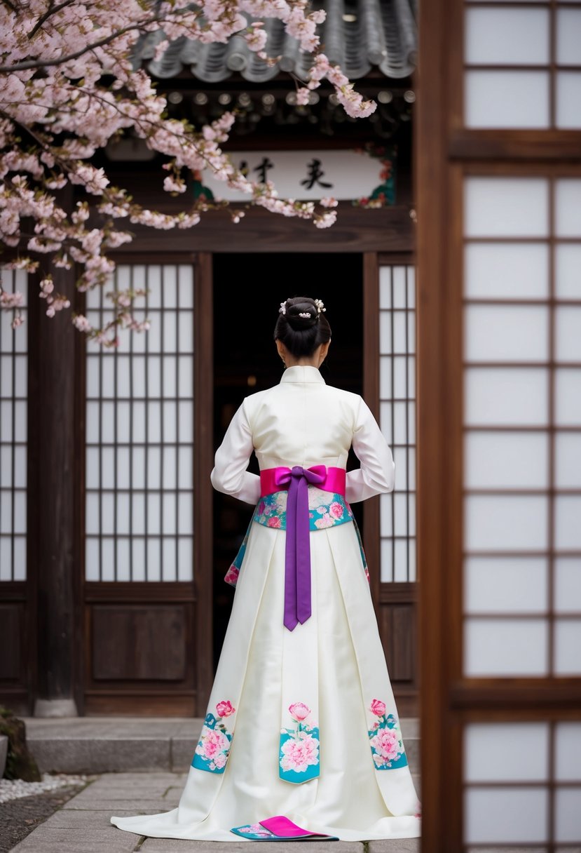 A bride in a traditional Silk Hanbok korean wedding dress bows before an ornate wooden screen, surrounded by blooming cherry blossoms