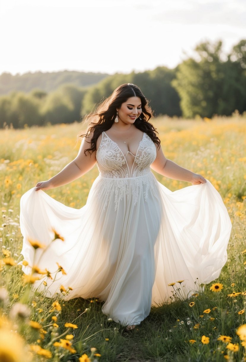 A curvy bride twirls in a flowy bohemian wedding dress, surrounded by wildflowers and a soft, sunlit meadow