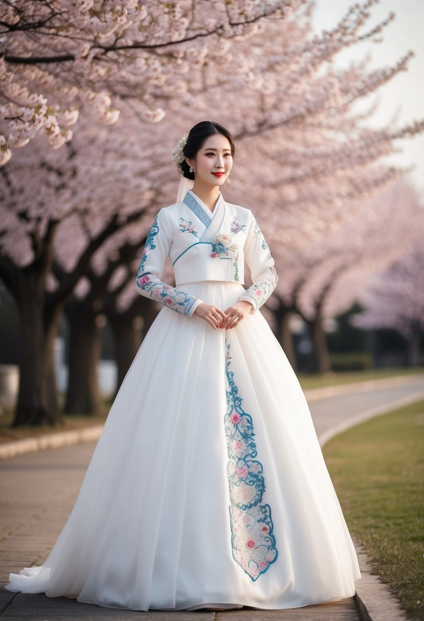 A bride in a flowing, traditional Korean wedding dress with intricate embroidery and long sleeves, standing against a backdrop of cherry blossom trees