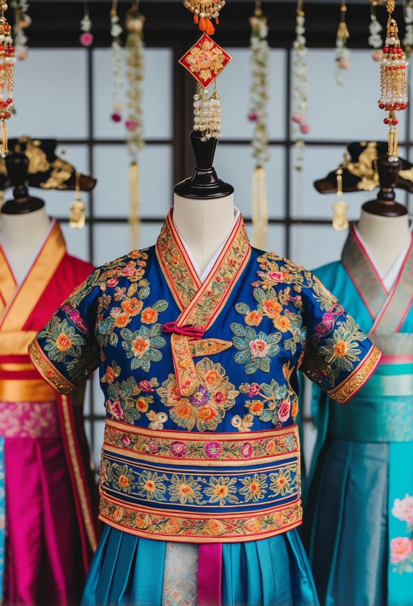 An intricately embroidered Jeogori top hangs on a mannequin, surrounded by traditional Korean wedding dress accessories