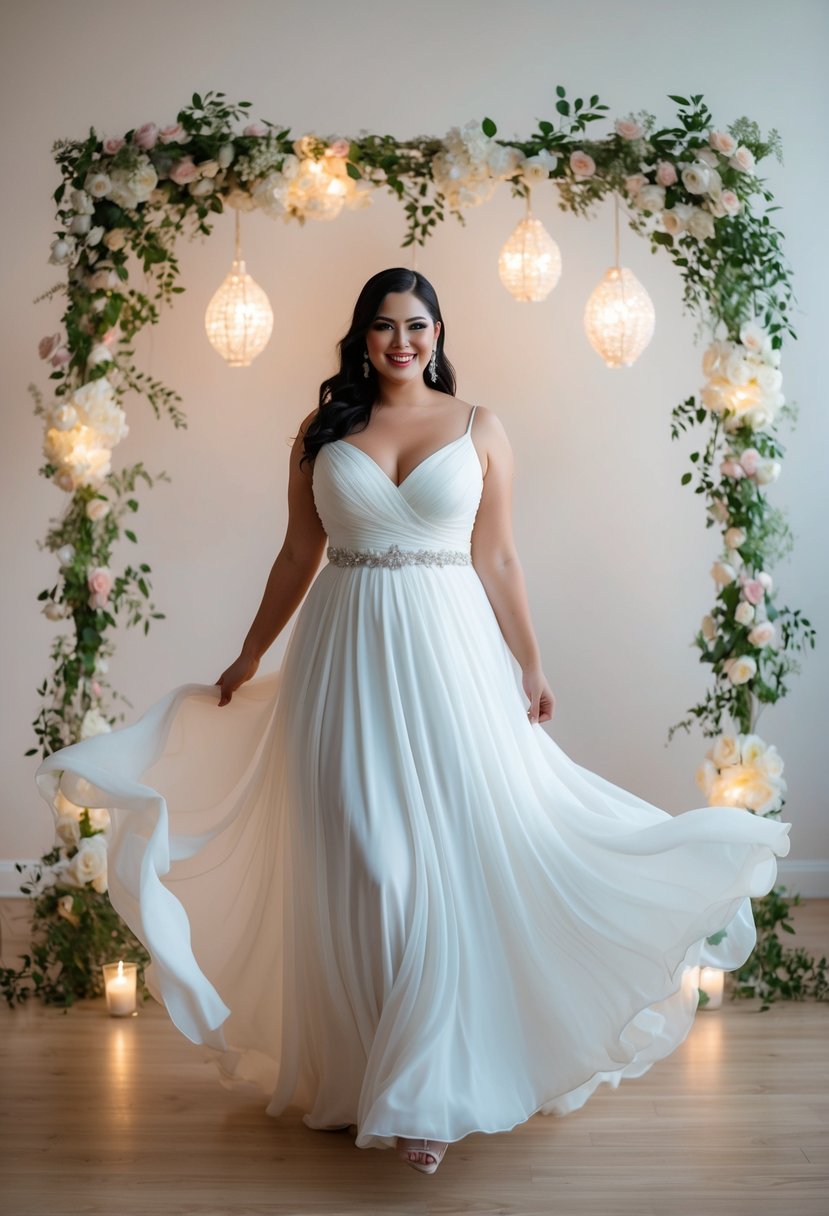 A curvy bride twirls in a flowing empire waist chiffon dress, surrounded by soft, romantic lighting and delicate floral accents