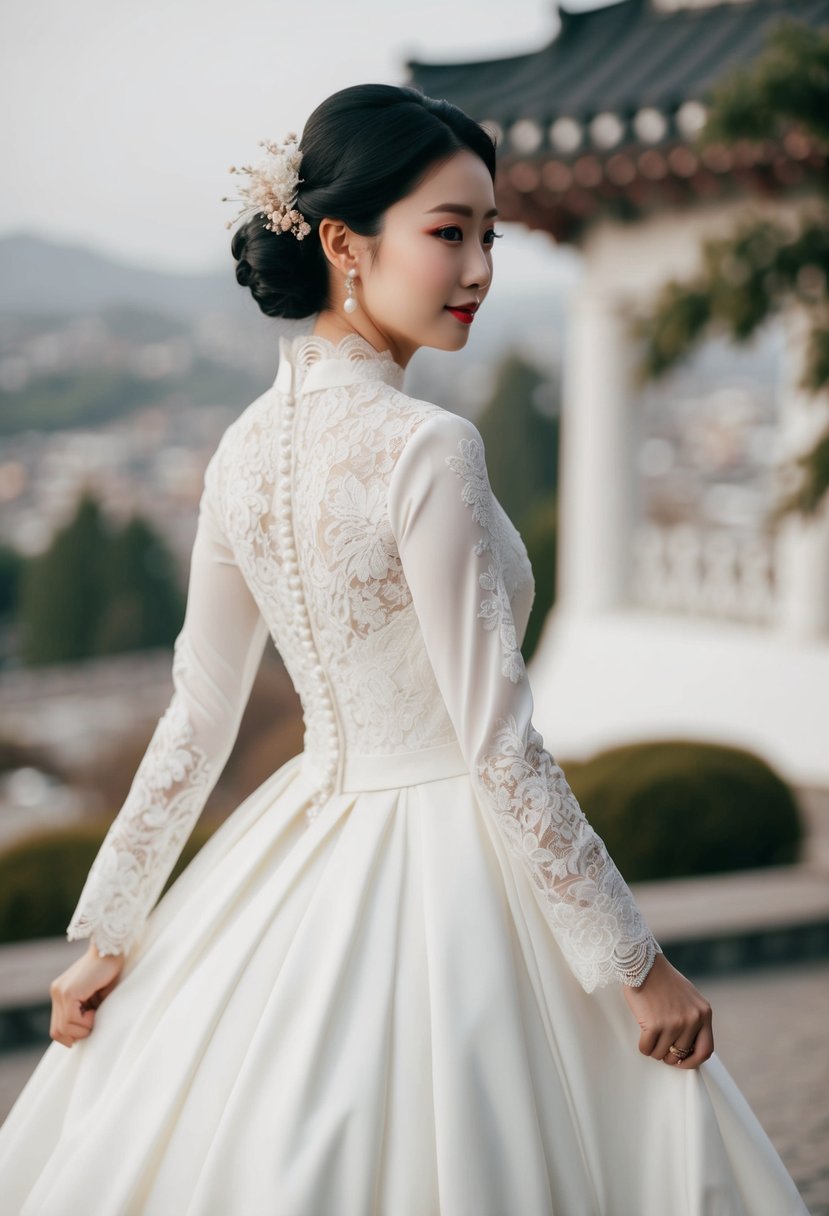 A bride in a long-sleeve Korean wedding dress, adorned with lace, stands gracefully with an elegant posture