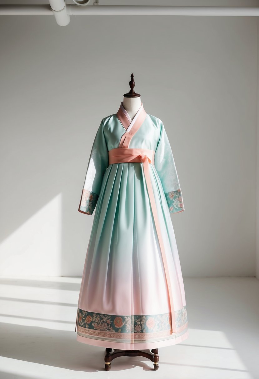 A modern Hanbok with pastel shades displayed on a mannequin in a minimalist, sunlit studio with traditional Korean patterns adorning the fabric