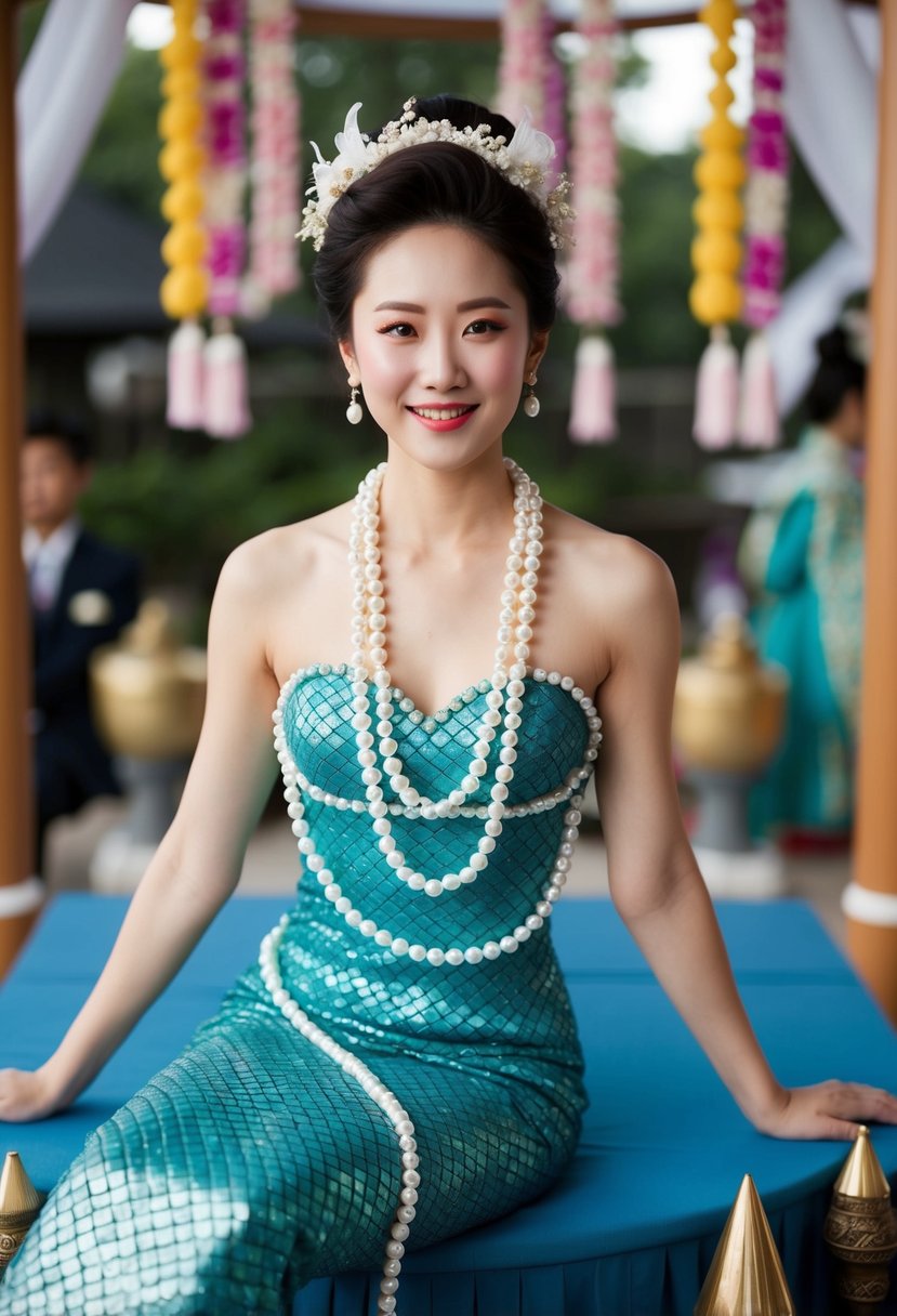 A mermaid dress adorned with pearl beads, set against a backdrop of traditional Korean wedding elements