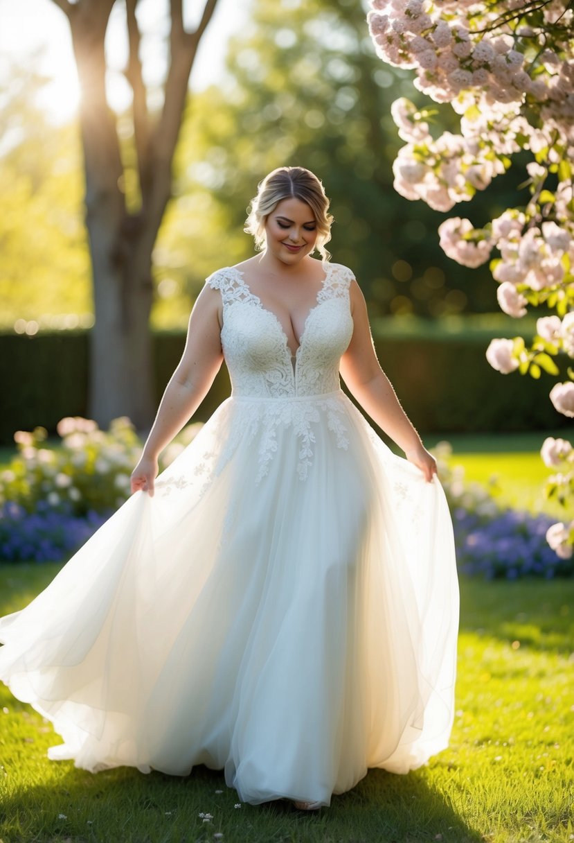 A curvy bride twirls in a V-neck lace bodice wedding dress, surrounded by blooming flowers and sunlight streaming through the trees