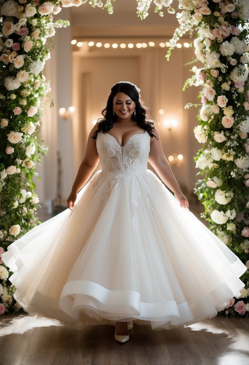 A curvy bride twirls in a tea-length tulle dress, surrounded by blooming flowers and soft, romantic lighting