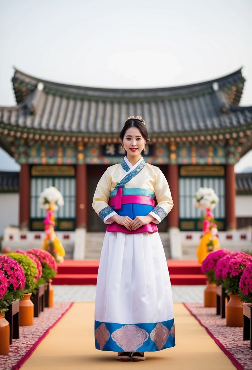 A bride in a casual short hanbok dress stands in a traditional Korean wedding setting, surrounded by vibrant colors and ornate decorations