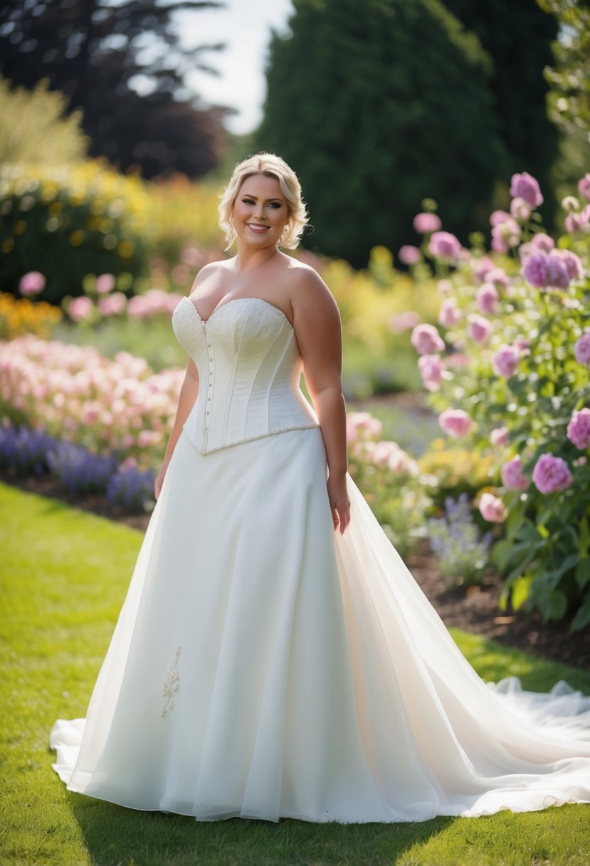 A curvy bride in a corset bodice gown, standing in a garden surrounded by blooming flowers, with a flowing train trailing behind her