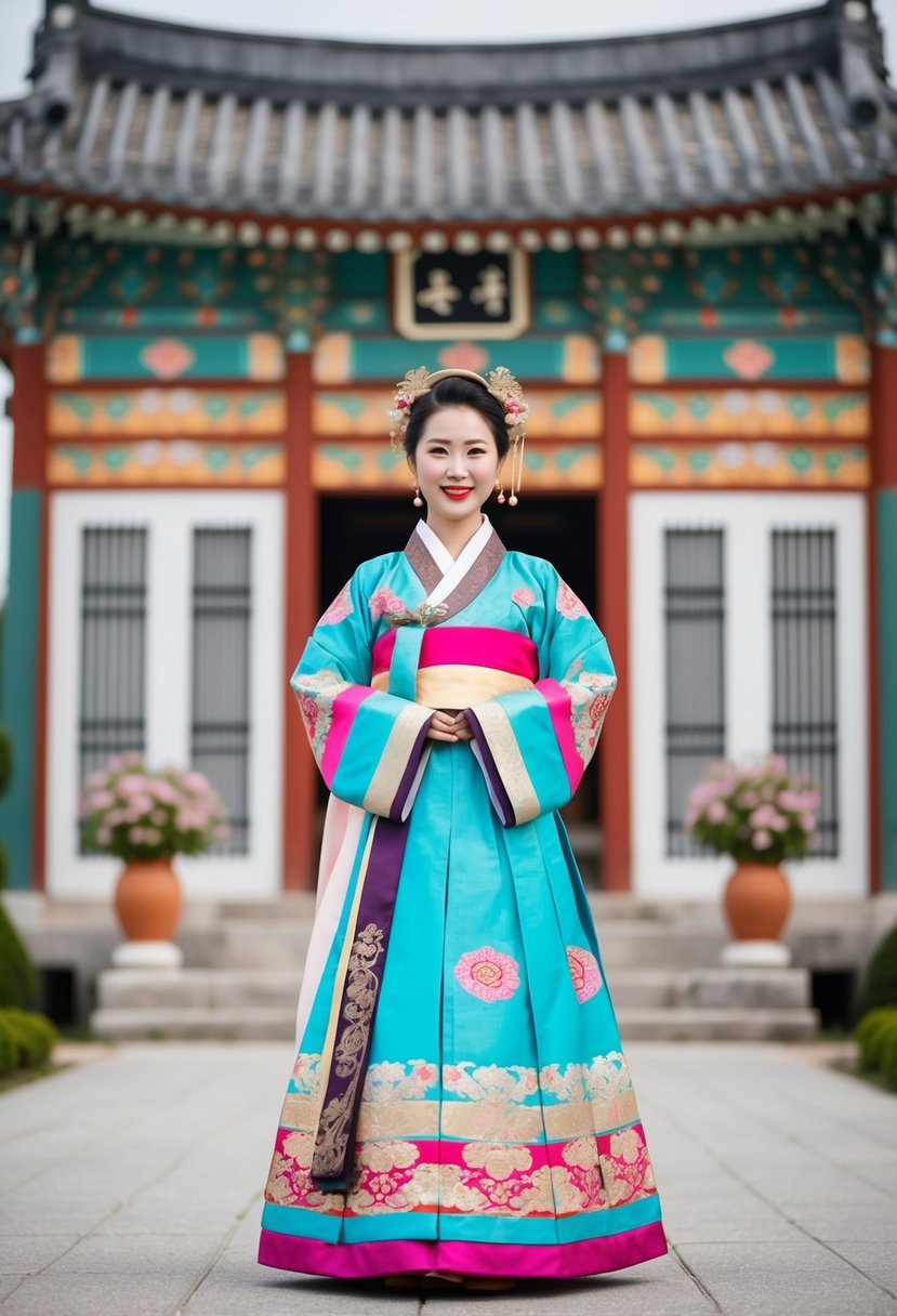 A vibrant and ornate Hanbok set against a traditional Korean wedding backdrop