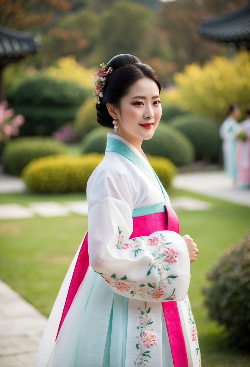 A bride in a traditional Korean hanbok, made of delicate organza fabric, with intricate embroidery and vibrant colors, standing in a serene garden setting