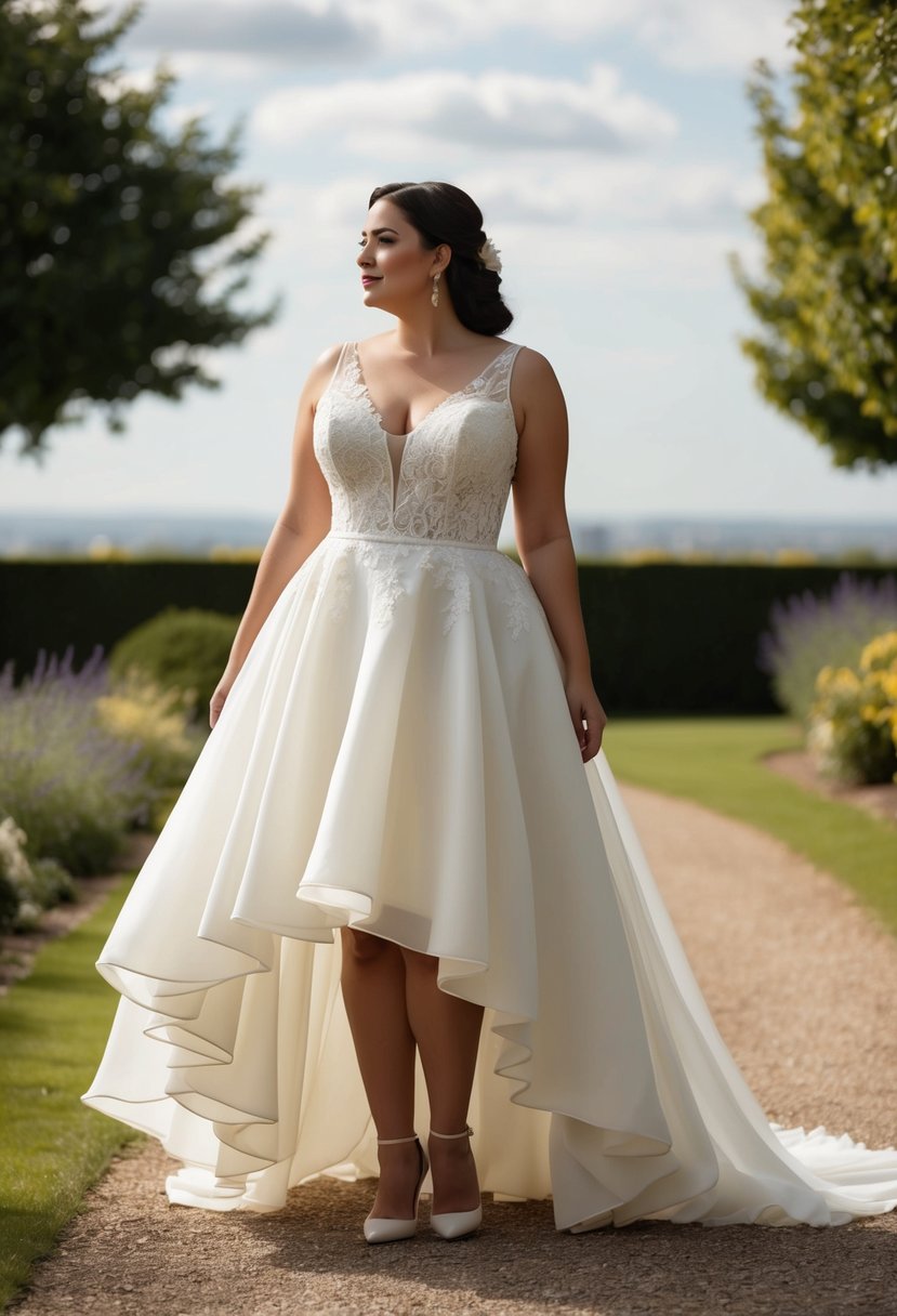 A curvy bride stands on a garden path wearing a flowing high-low hemline wedding dress, with a full skirt and delicate lace detailing. A soft breeze lifts the fabric as she looks out at the horizon