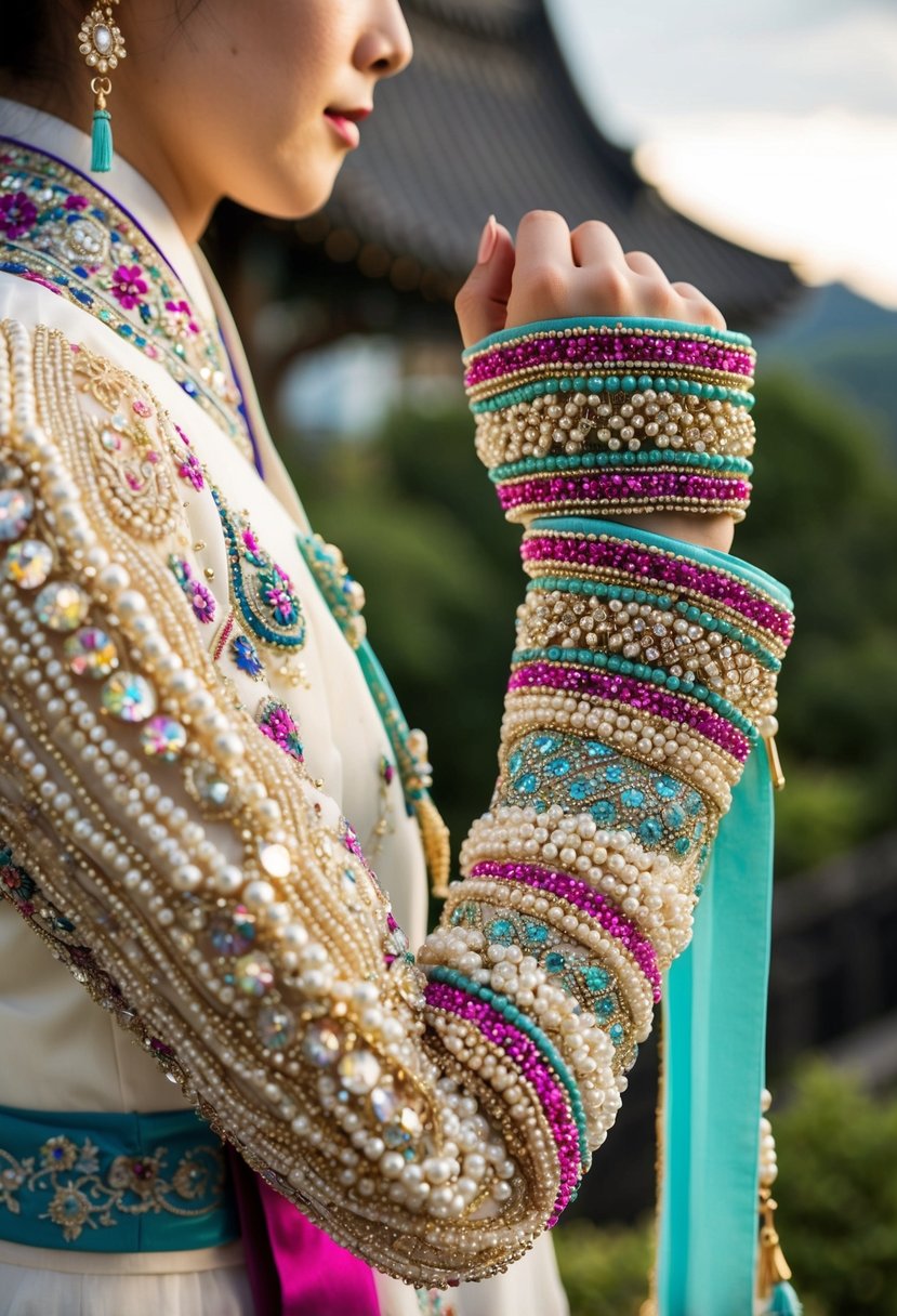 Intricate beadwork adorns the long sleeves of a traditional Korean wedding dress, featuring delicate patterns and vibrant colors