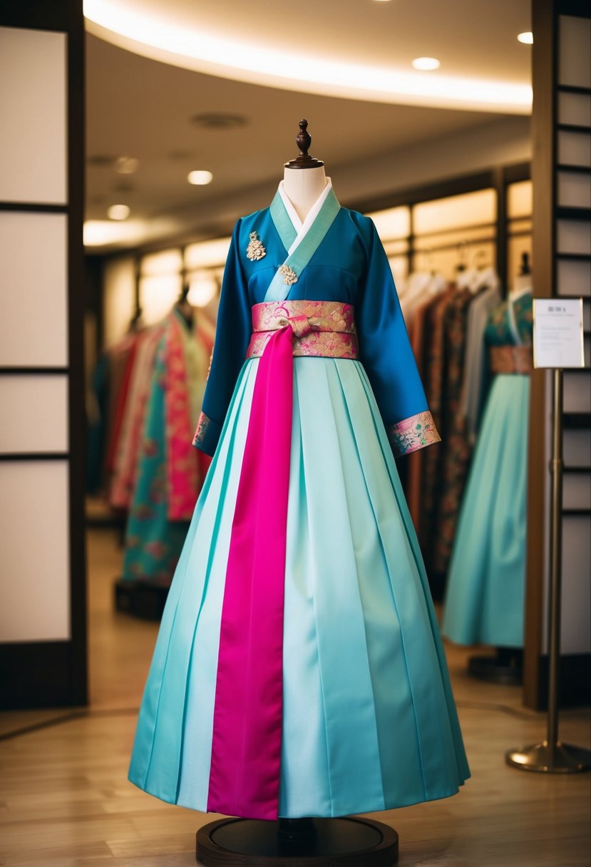 A traditional Korean wedding dress, jeogori with long skirt, displayed on a mannequin