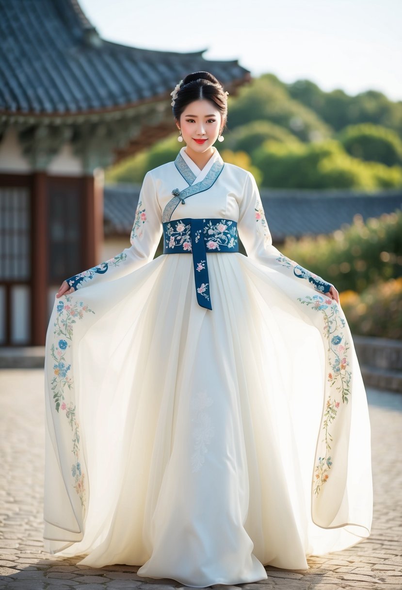 A bride stands in a flowing, long-sleeved Hanbok-inspired wedding dress, the billowing sleeves adorned with intricate embroidery and delicate floral patterns