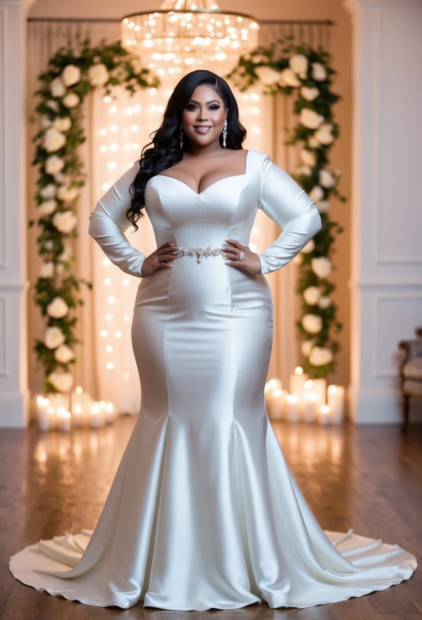 A curvy bride stands in a long sleeve satin gown, surrounded by soft lighting and elegant decor, exuding confidence and beauty