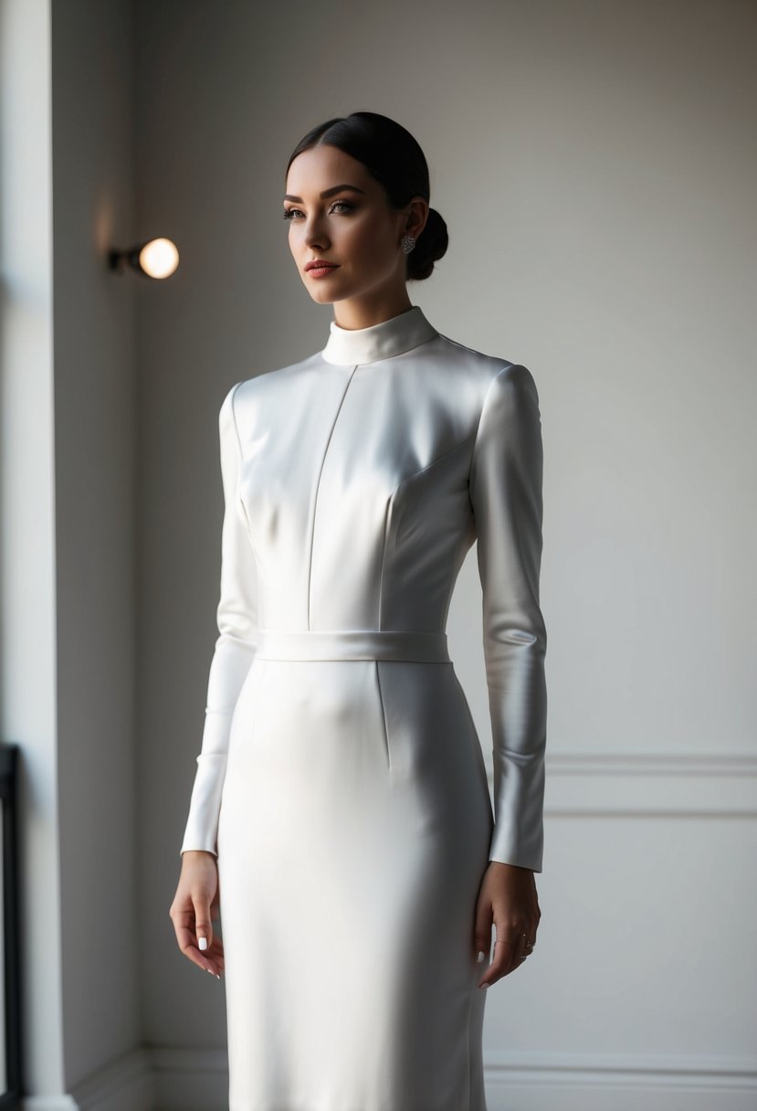 A sleek, minimalist satin wedding dress with long sleeves, featuring a high neckline and clean lines