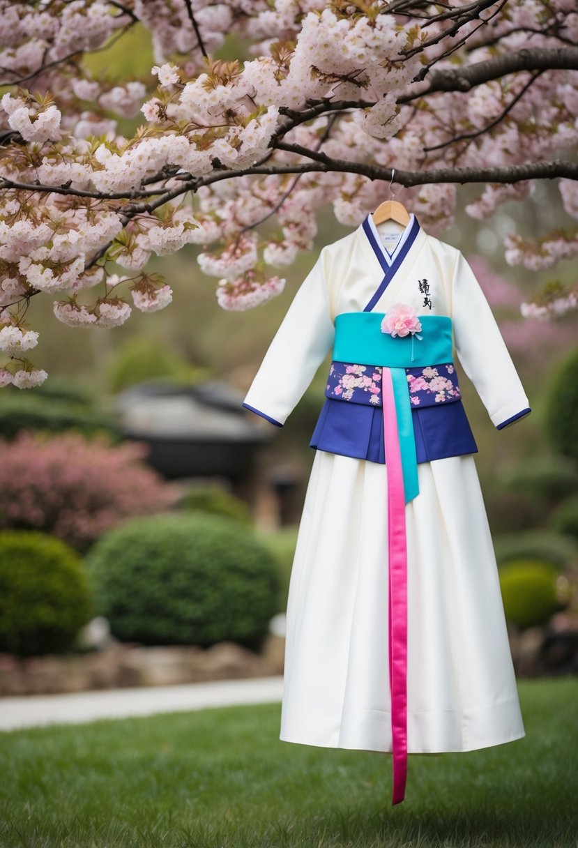 A serene garden setting with a traditional Korean wedding dress hanging from a blooming cherry blossom tree