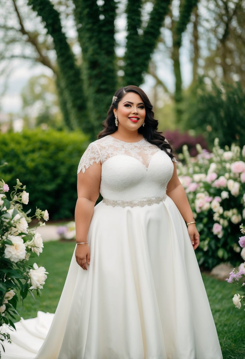 A curvy bride stands in a lace illusion neckline dress, surrounded by blooming flowers and lush greenery