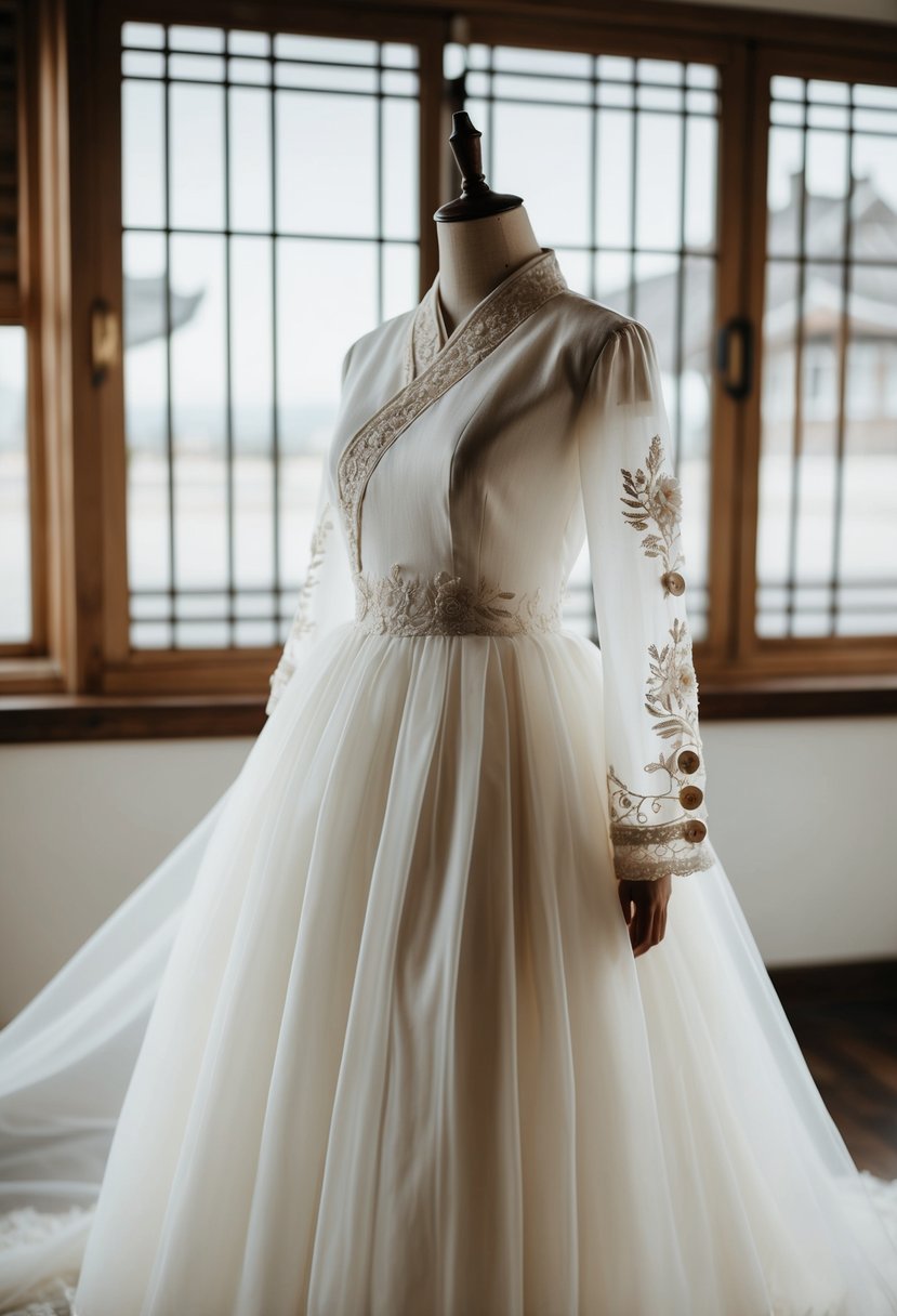 A vintage-inspired Korean wedding dress with buttoned sleeves, adorned with delicate lace and intricate embroidery, flowing gracefully on a mannequin