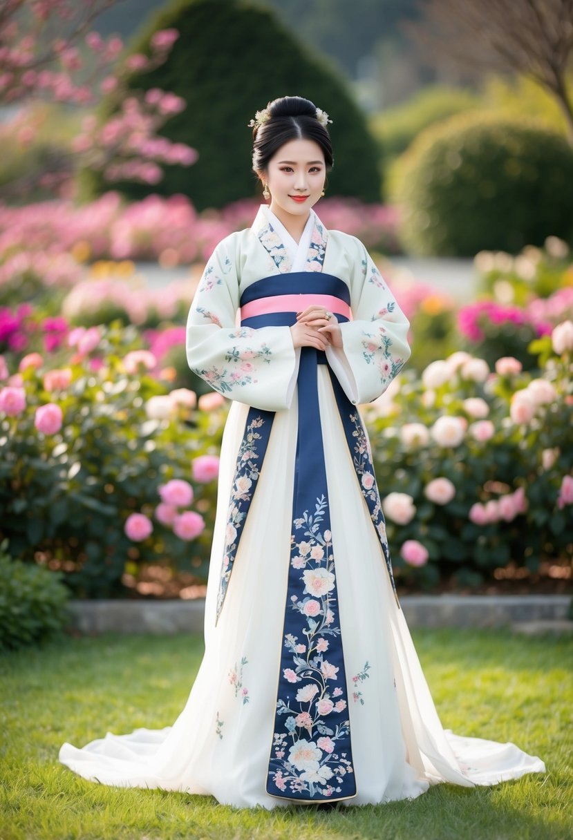 A bride in a flowy hanbok adorned with intricate floral patterns, standing in a garden surrounded by blooming flowers