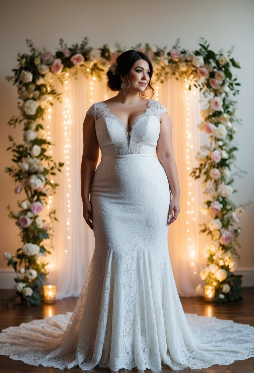 A curvy bride stands in a vintage-inspired lace dress, surrounded by delicate floral decor and soft, romantic lighting