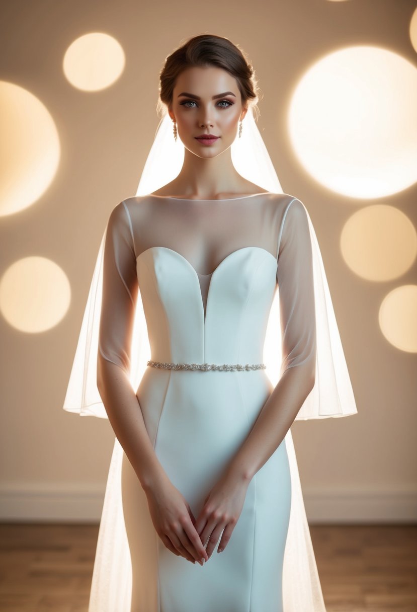 A bride stands in a sleek, minimalist wedding dress with sheer illusion sleeves, surrounded by soft, romantic lighting