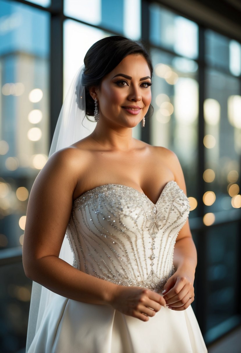 A curvy bride stands in a strapless beaded bodice wedding dress, with the intricate details of the bodice accentuating her figure