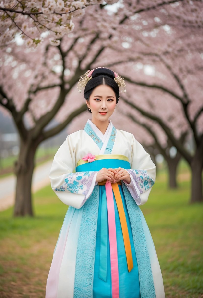 A traditional hanbok with intricate lace details, set against a backdrop of cherry blossom trees and a serene Korean countryside