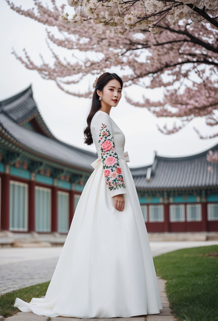 A long-sleeve Korean wedding dress with intricate floral embroidery on the sleeves, set against a backdrop of traditional Korean architecture and blooming cherry blossoms