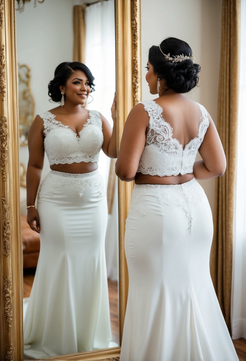 A curvy bride in a two-piece crop top set, adorned with lace and intricate details, standing in front of a full-length mirror, admiring her reflection