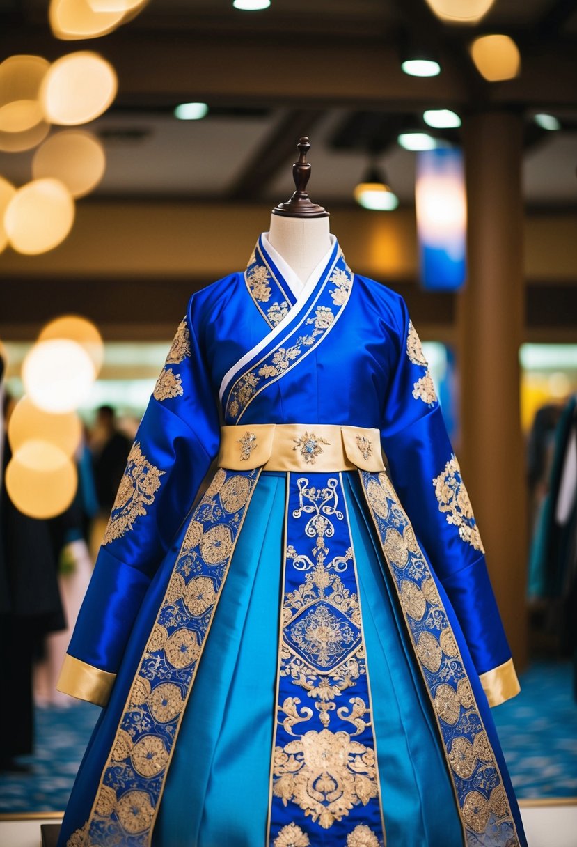 A royal blue and gold Hanbok wedding dress displayed on a mannequin with intricate embroidery and flowing fabric