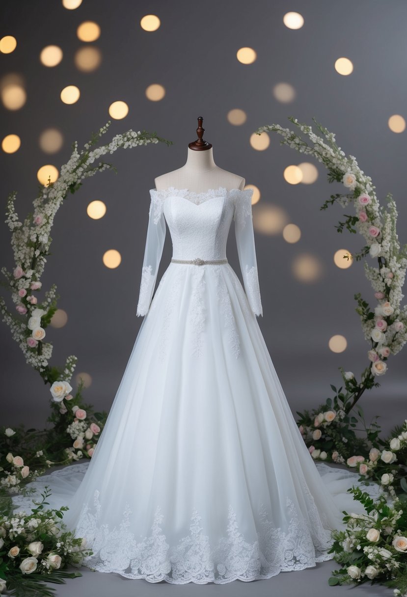 An off-shoulder lacy long-sleeve Korean wedding dress on a mannequin, surrounded by delicate floral decorations