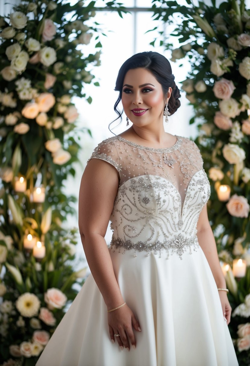 A curvy bride in an Embellished Cap Sleeve Dress, surrounded by floral arrangements and soft lighting