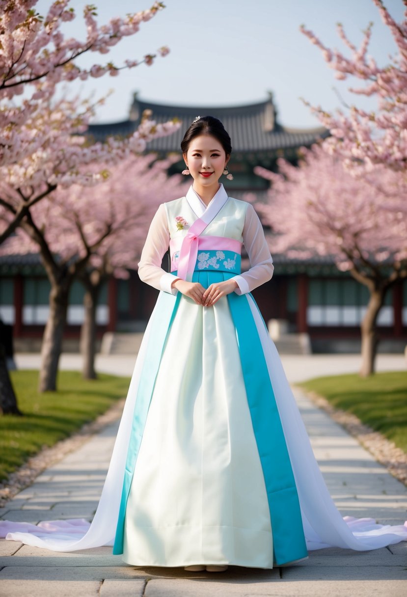 A bride in a sheer sleeve Hanbok gown, standing in a traditional Korean wedding setting with cherry blossom trees in bloom