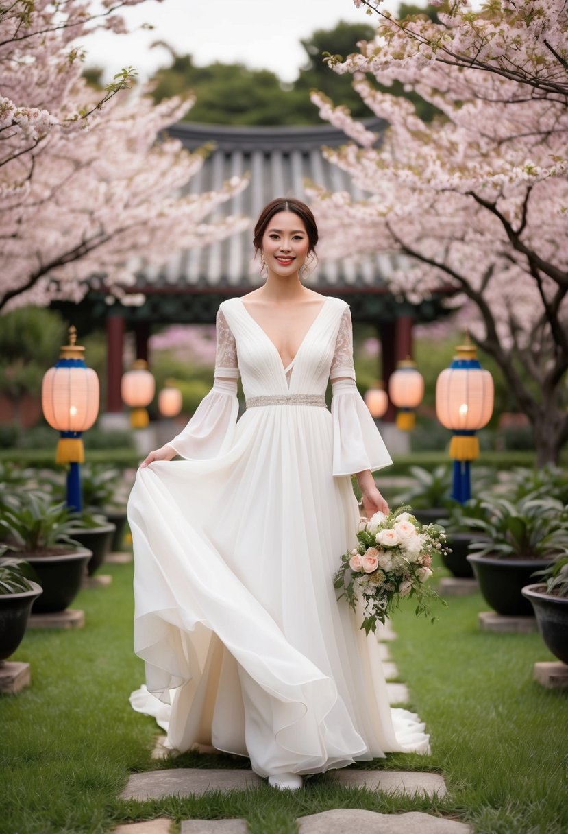 A bride in a flowing bohemian wedding gown with bell sleeves stands in a Korean-inspired garden, surrounded by cherry blossoms and traditional lanterns