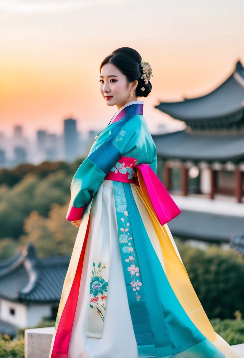 A modern Hanbok wedding dress with vibrant colors and sleek, contemporary designs