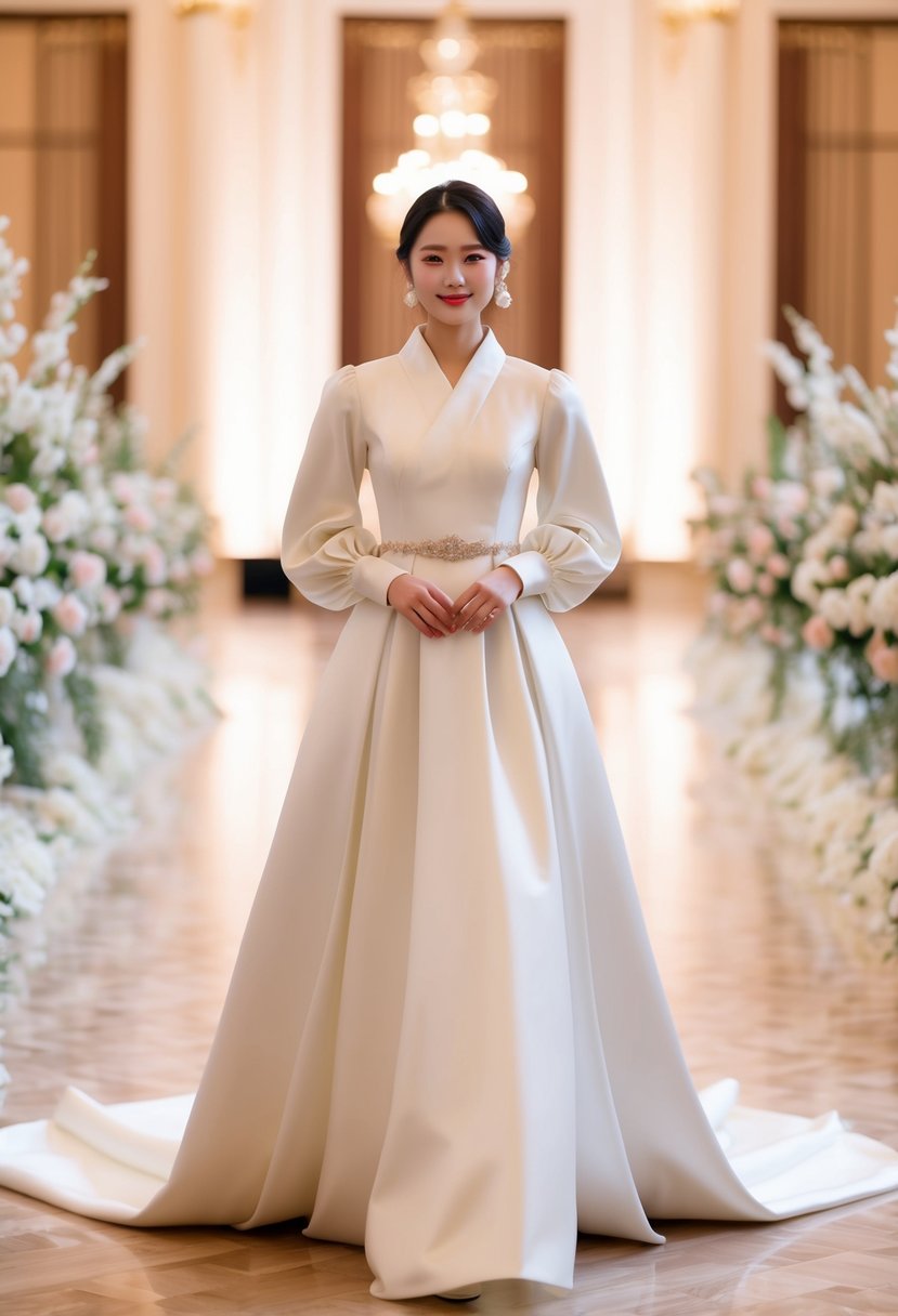 A bride stands in a grand ballroom wearing a long, flowing Korean wedding dress with elegant satin puff sleeves. She is surrounded by opulent floral decorations and soft, romantic lighting