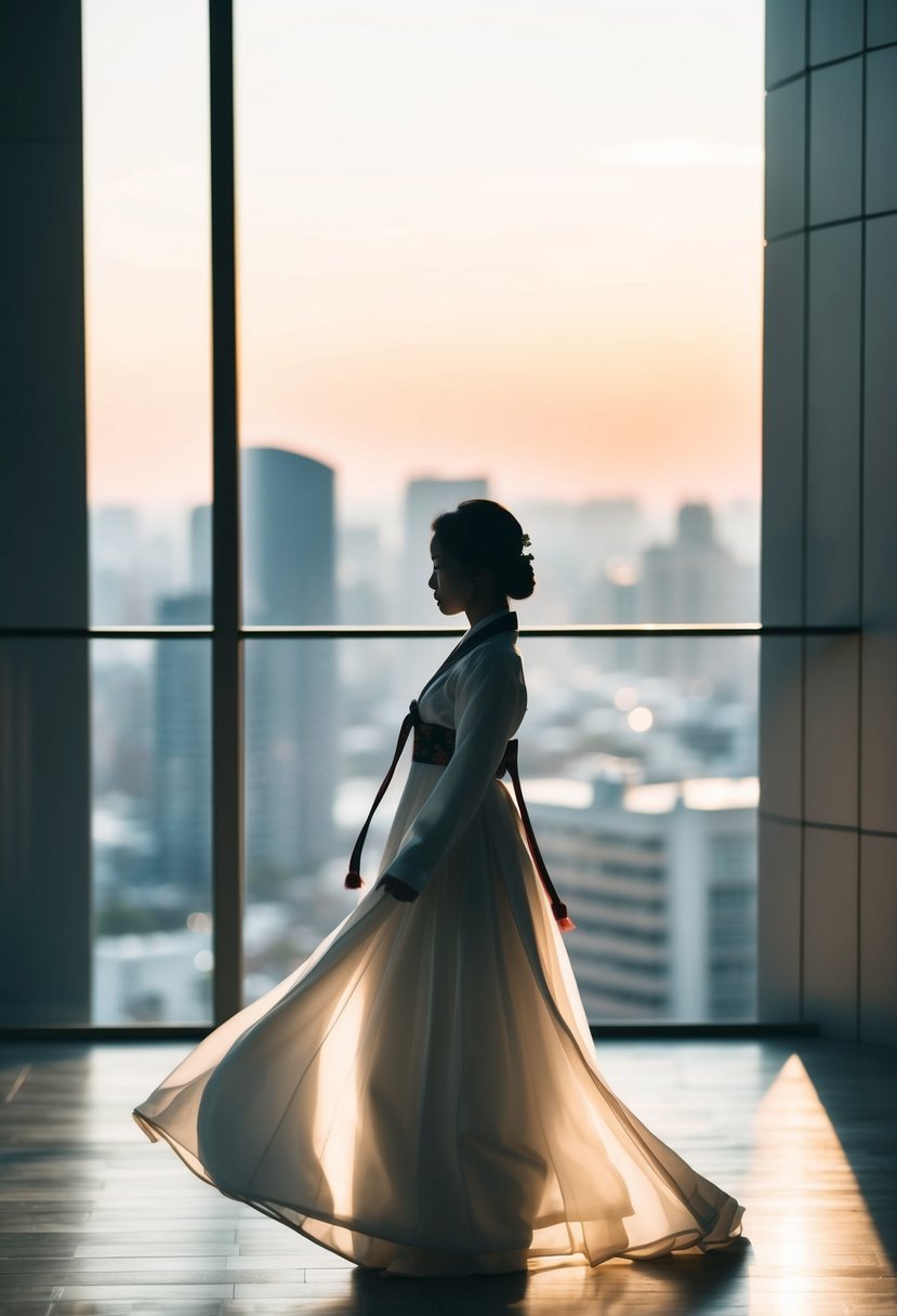 A simple, flowing Hanbok silhouette against a modern backdrop