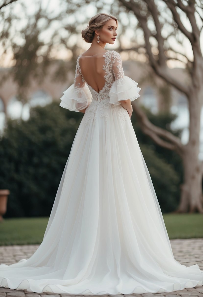 A flowing, elegant wedding dress with romantic ruffled sleeves, adorned with delicate lace and intricate embroidery