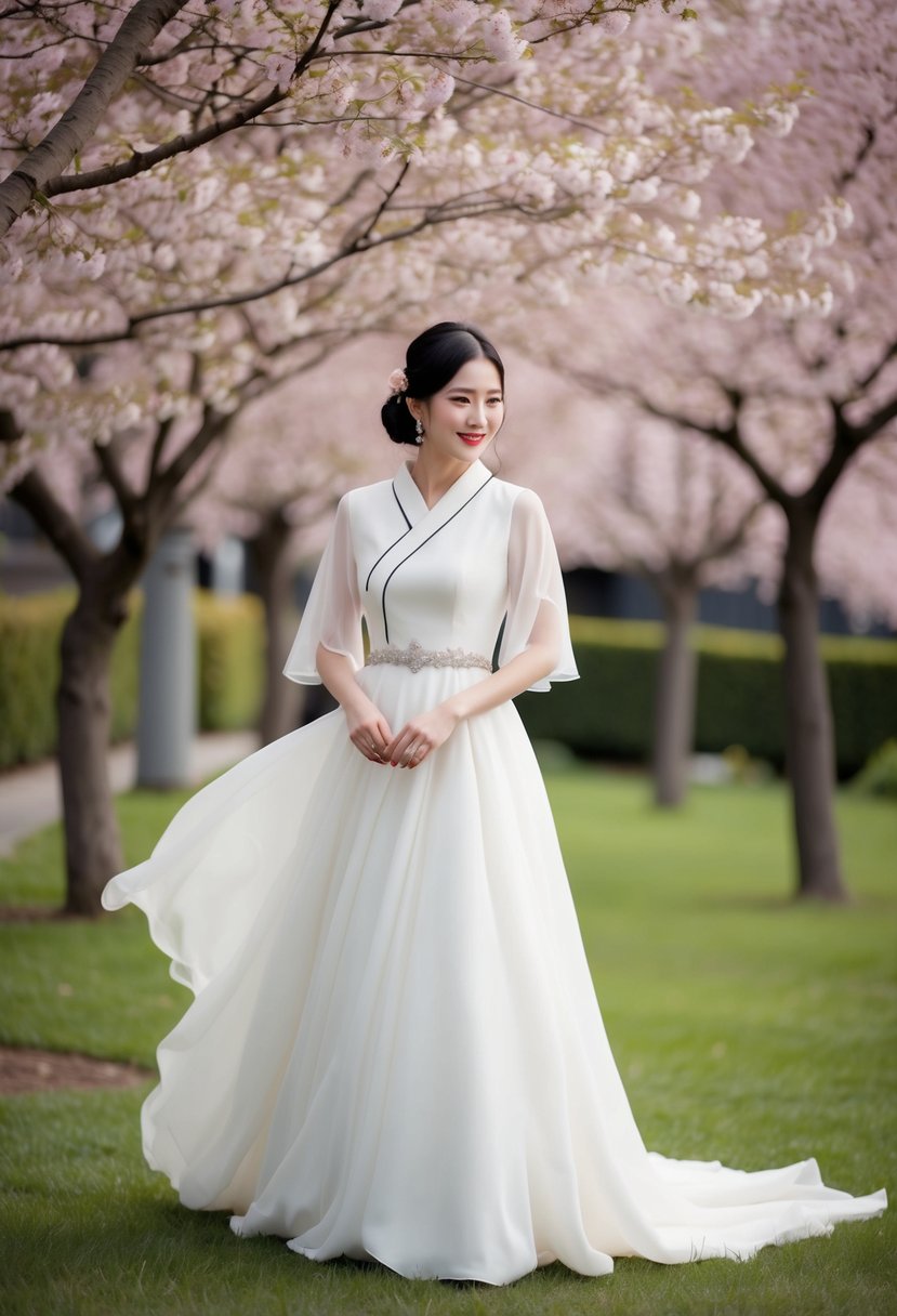 A bride stands in a garden, wearing a flowing Korean wedding dress with delicate chiffon sleeves, surrounded by blooming cherry blossom trees