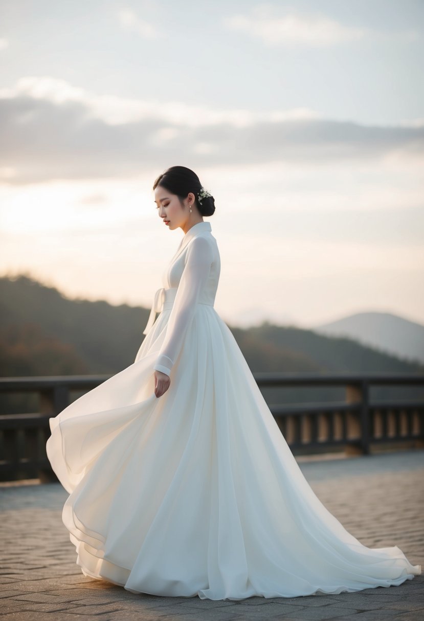 Flowing sleeves cascade down a serene, minimalist Korean wedding dress, creating a sense of elegance and grace