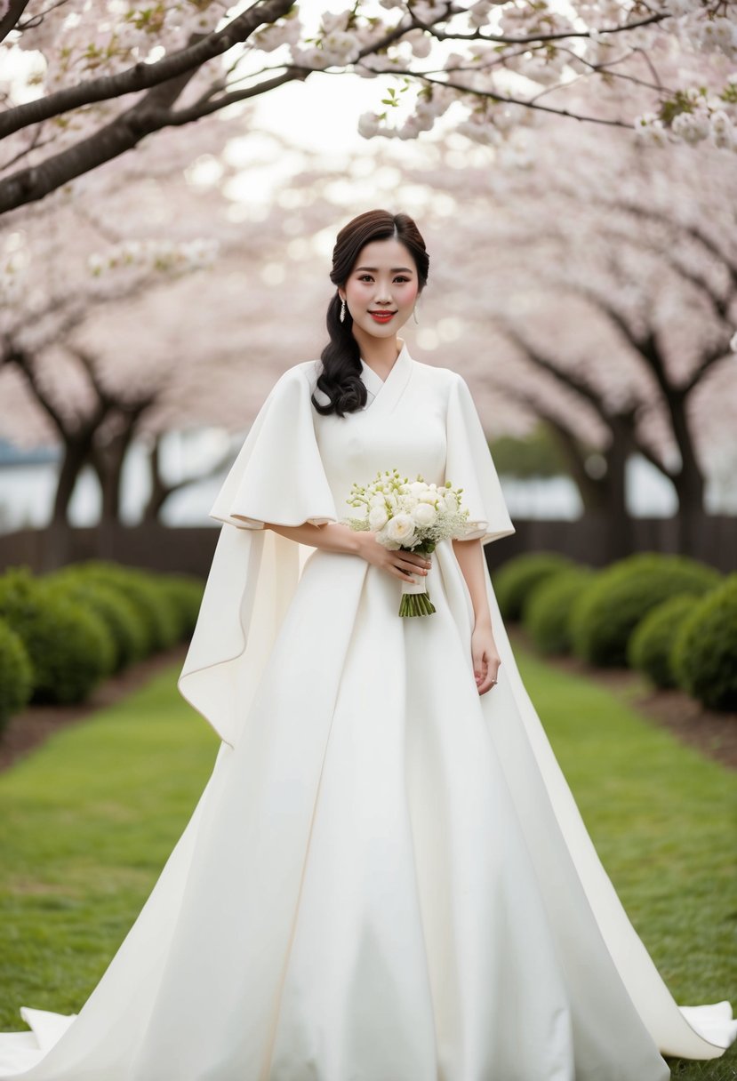 A bride in a flowing Korean wedding dress with unique cape-style sleeves, standing in a garden surrounded by cherry blossoms