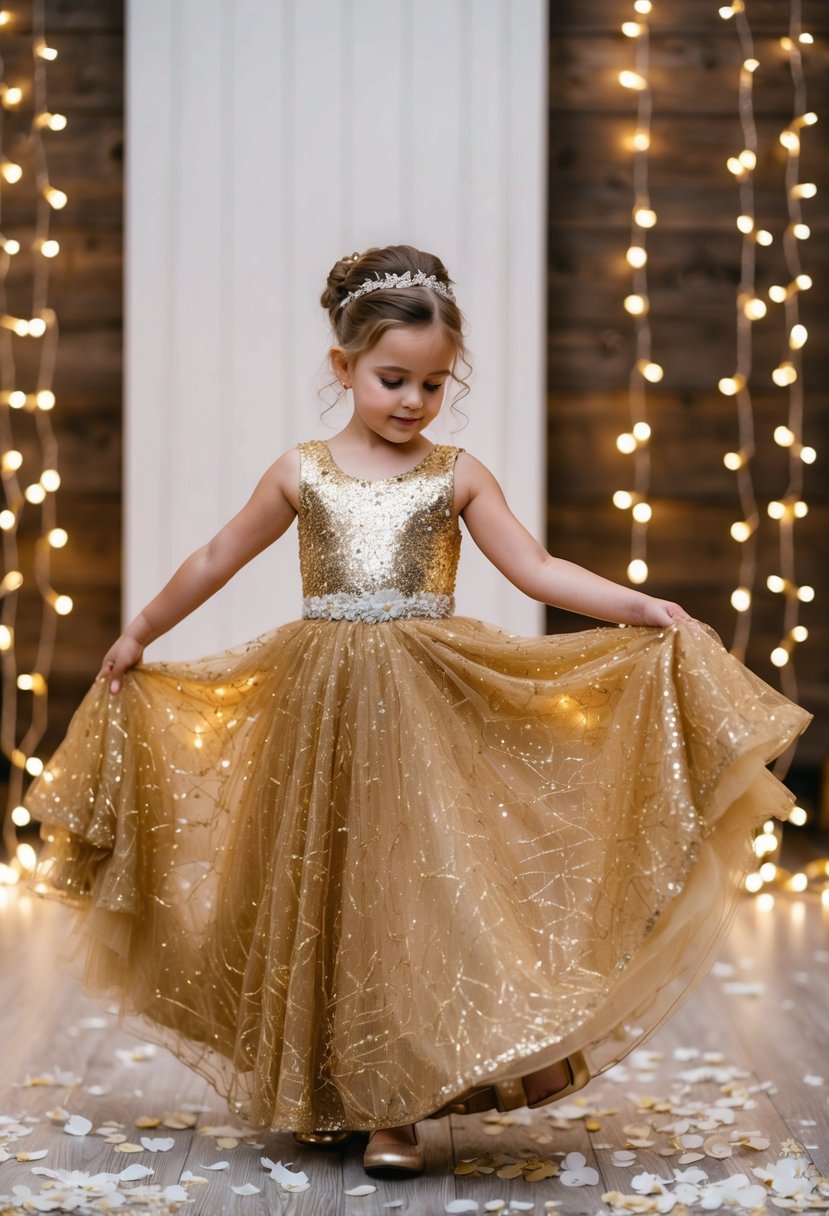 A young girl twirls in a shimmering gold wedding dress, surrounded by sparkling fairy lights and delicate flower petals