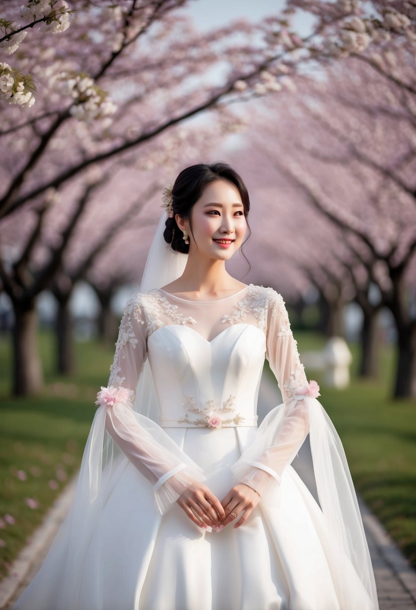 A long-sleeve Korean wedding dress with whimsical tulle sleeve details, adorned with delicate lace and floral embroidery, set against a backdrop of cherry blossom trees