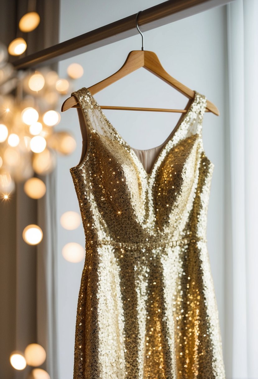 A sparkling gold sequin A-line dress hangs on a hanger, surrounded by soft lighting and delicate lace details