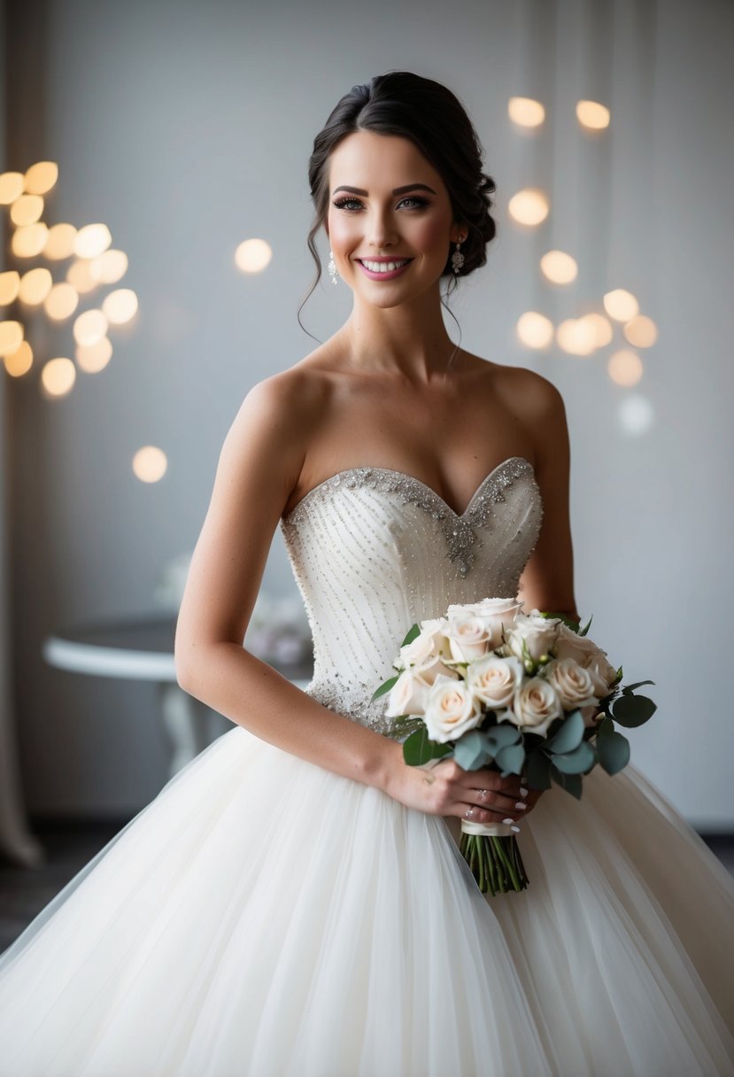 A bride in a strapless ballgown with a sweetheart neckline, adorned with intricate beading and a full tulle skirt, holding a bouquet of roses