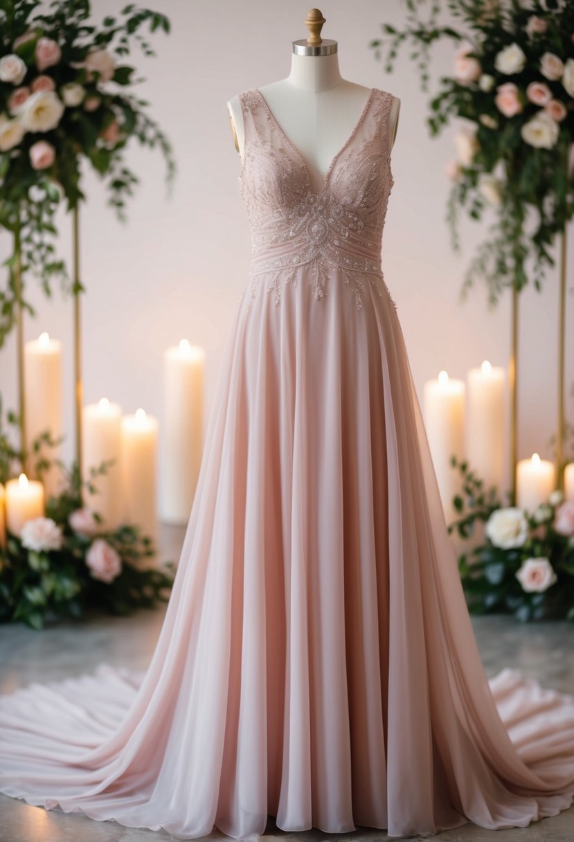 A flowing blush pink gown with delicate lace and beaded details, set against a backdrop of elegant floral arrangements and soft candlelight