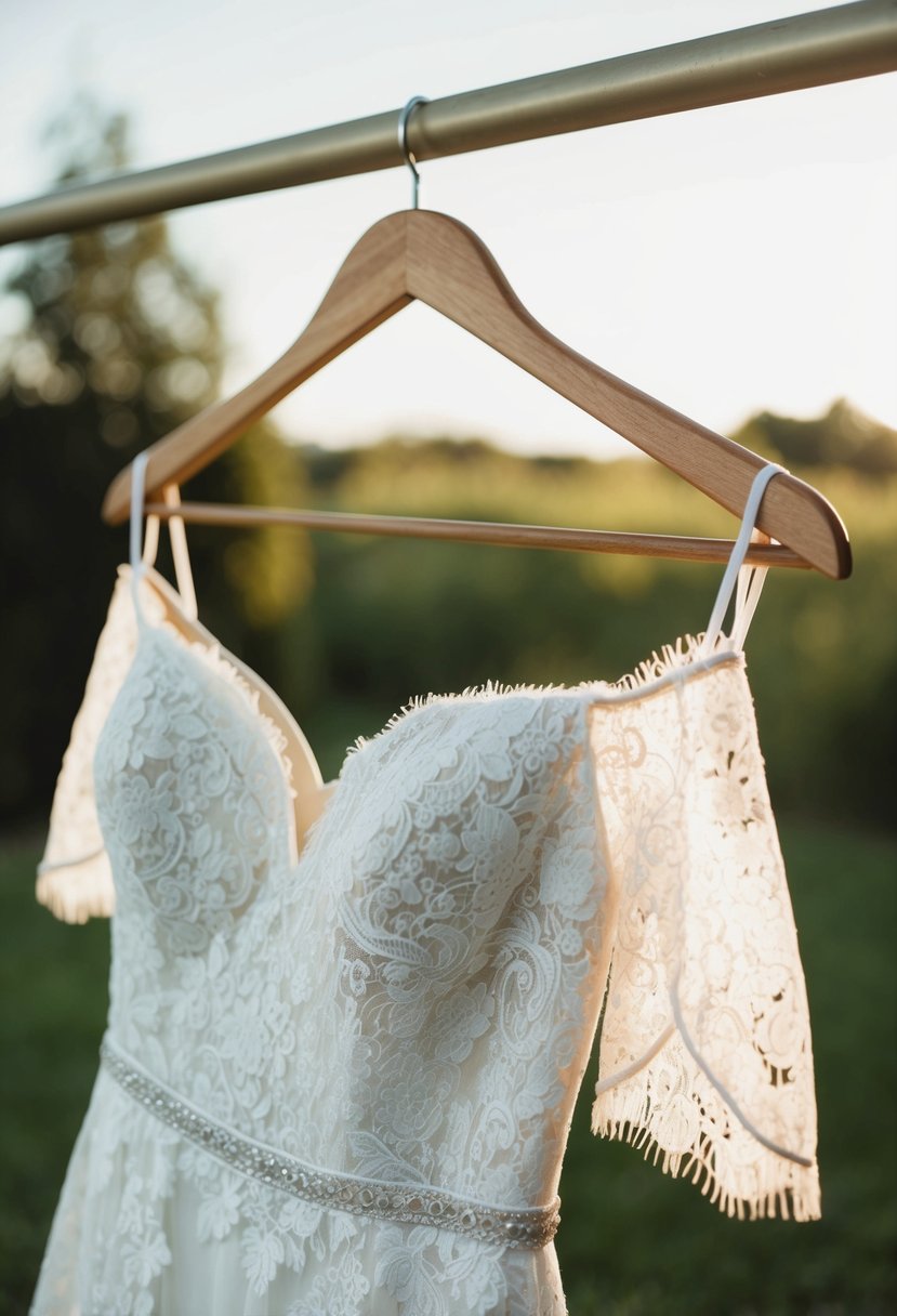 A lace off-the-shoulder 00s wedding dress hanging on a vintage wooden hanger, surrounded by soft natural light