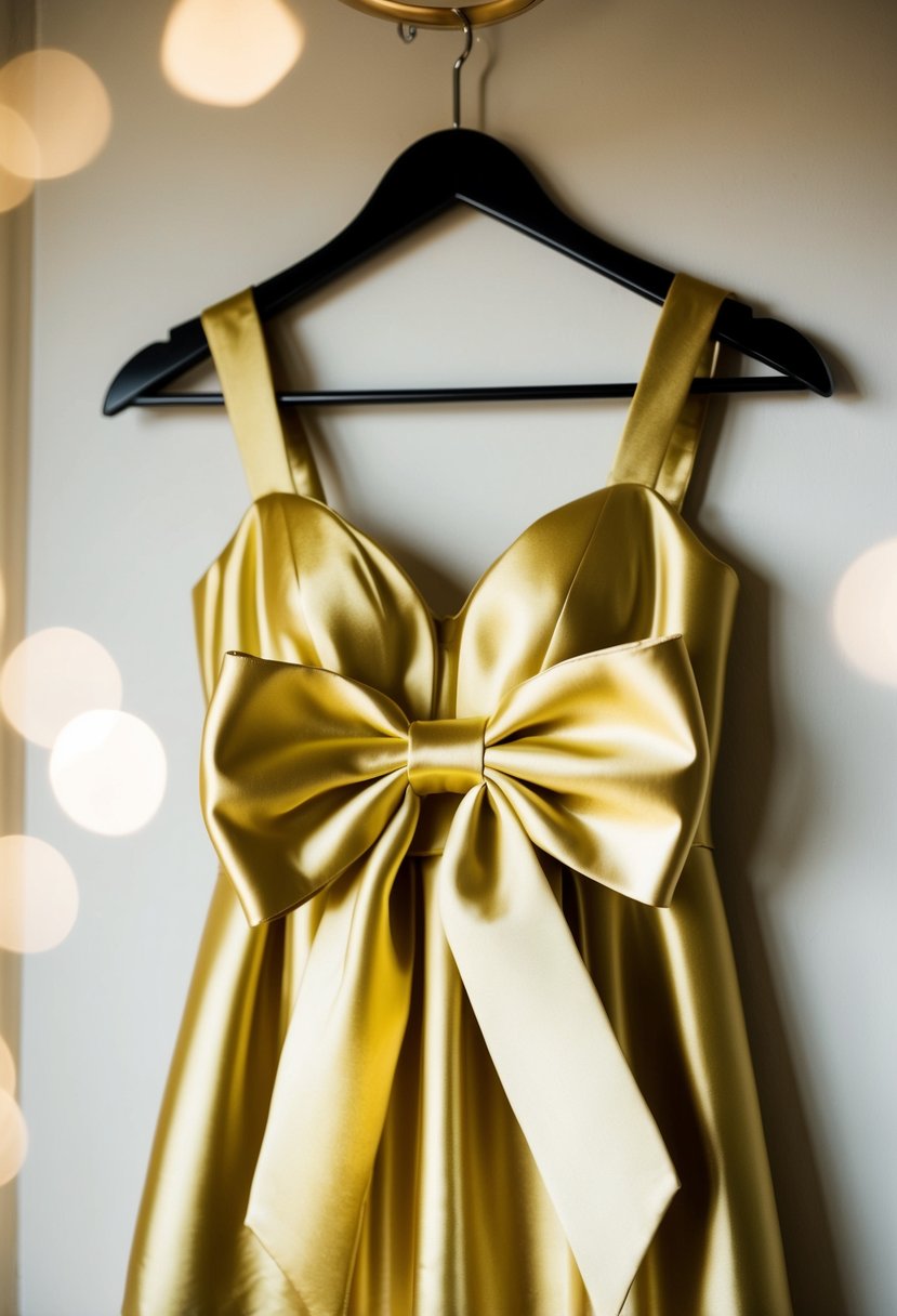 A gold satin dress with a large bow, hanging on a hanger in a softly lit room