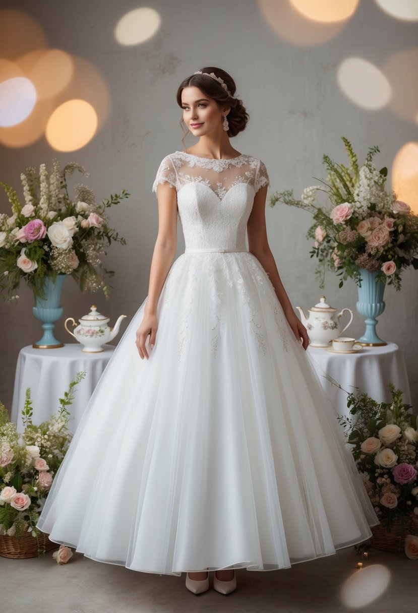 A bride in a tea-length wedding dress with lace, tulle, and delicate embroidery, surrounded by vintage tea sets and floral arrangements